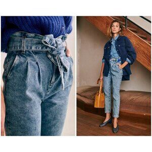 💕SEZANE💕 Austin Belted Paperbag Denim Trousers ~ Bleached Blue FR 36 NWOT